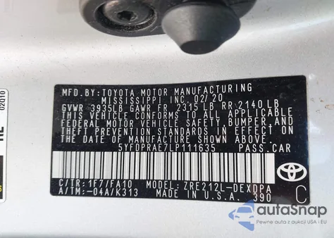 2020 Toyota Corolla L from USA, damaged, VIN 5YFDPRAE7LP111635